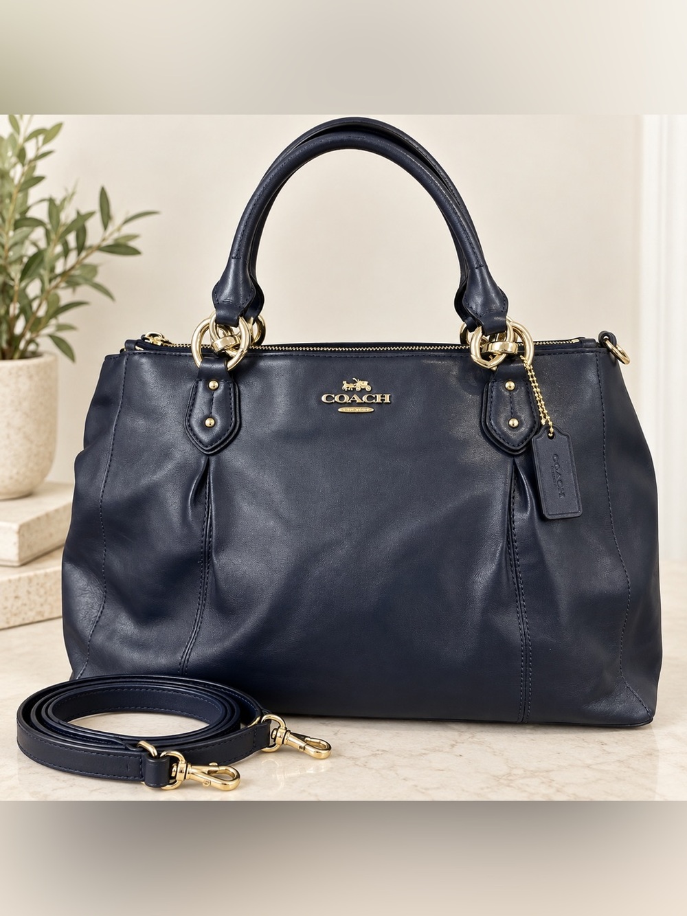 Coach F33447 IM/Midnight Navy Leather Satchel Crossbody Bag Gold Hardware